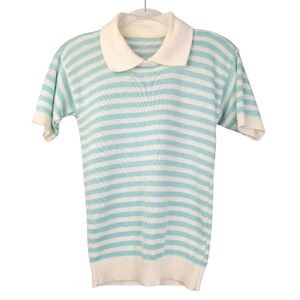 Vintage 70s Collared Knit Sweater Top Womens XS Small Striped Nautical Preppy